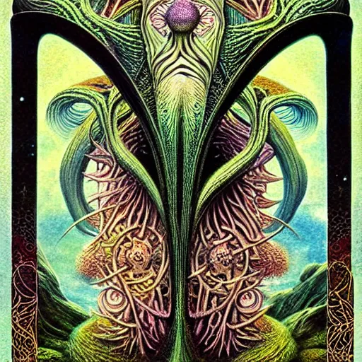 Image similar to pagan tarot card border art details by roger dean and andrew ferez, art forms of nature by ernst haeckel, divine chaos engine, symbolist, visionary, art nouveau, botanical fractal structures, organic, detailed, realistic, surreality