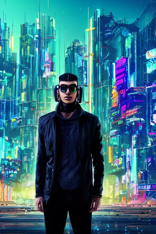 Prompt: portrait of a beautiful cyberpunk man standing in front of a cyberpunk city.