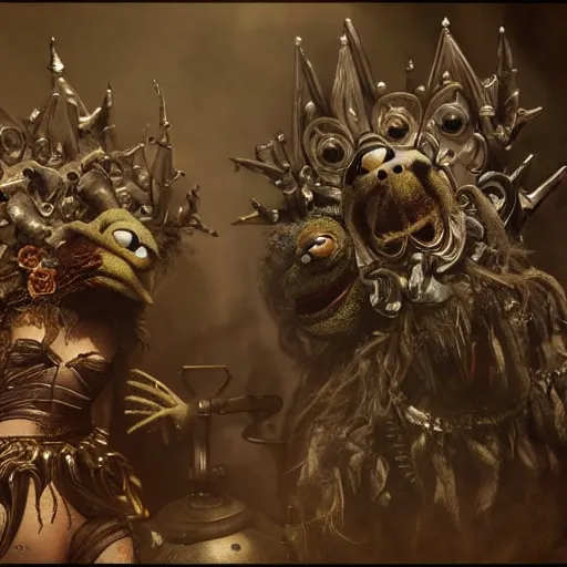 Image similar to muppets king of hell hell with trumpeters, intricate detail, royo, vallejo, frazetta, giger, whealan, hd, unreal engine,