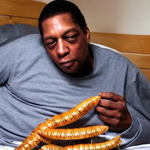 Image similar to john coltrane snuggling one giant mealworm in bed