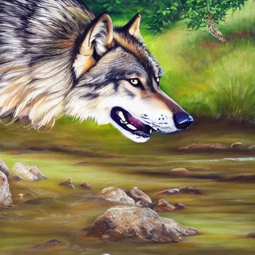 Image similar to A majestic and beautiful wild wolf out by a river with its head down taking a drink from the stream while it's ears are up and alert listening for danger with trees behind it, set in warm spring where it is sunny and windy, award winning, oil painting, 8k