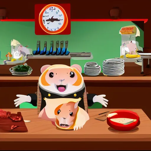 Prompt: a hamster with an evil face, in a butcher shop, holding knives in his hands. standing in front of the table. computer game. realism. magic. the tavern. front view.