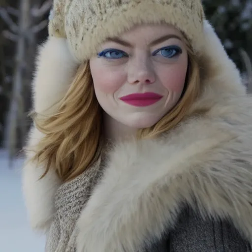 Prompt: emma stone wearing valenki in russian village, winter, painted by ron arad and steve argyle, blonde hair, cinematic