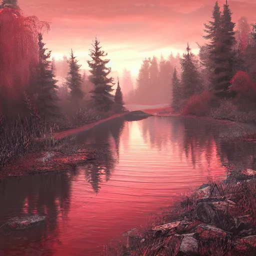 Image similar to dead river, red color, highly detailed, 8 k, artstation, beutifull, masterpiece,