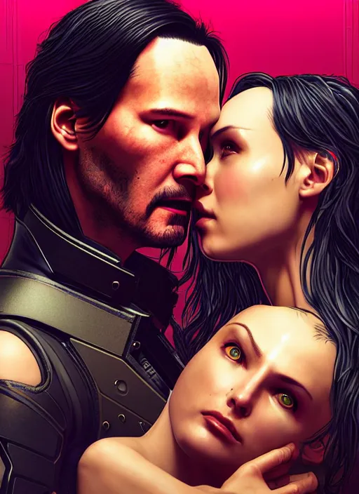 Prompt: a cyberpunk 2077 couple portrait of Keanu Reeves&female android in final kiss,love,film lighting,by Laurie Greasley,Lawrence Alma-Tadema,Dan Mumford,artstation,deviantart,FAN ART,full of color,Digital painting,face enhance,highly detailed,8K,octane,golden ratio,cinematic lighting