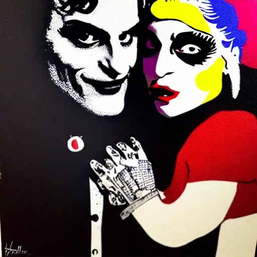 Prompt: mimmo rottela and banksy as joaquin phoenix skinny joker holding hand lady gaga harley queen, ultra photorealistic, intricate details, pop art style, baroque, hyperdetailed, concept art, ultrarealistic, 3 colors, smooth, sharp focus