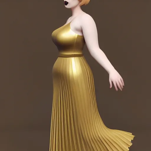 Image similar to a curvy feminine pale goth cutie with a thin waist in an elegant gold latex pleated dress, cgsociety, photorealistic, sublime-comforting-elegant ambience, 16k, smooth, sharp focus, trending on ArtStation, volumetric lighting, fully clothed, worksafe