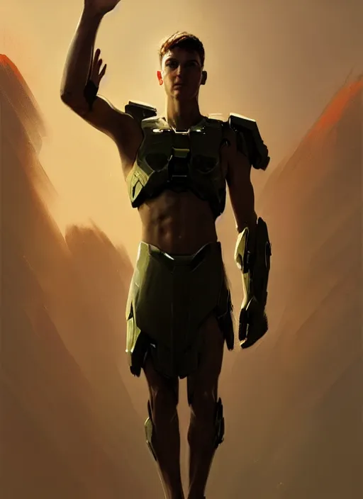 Prompt: young male, halo, raising his hand, slowly, greg rutkowski