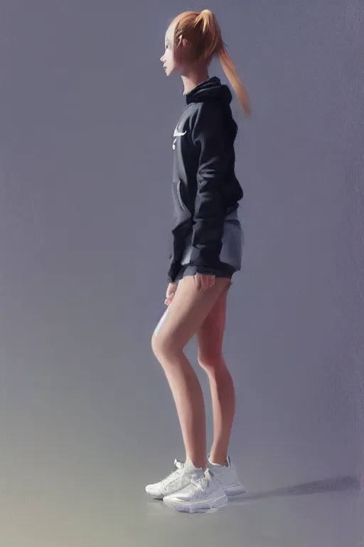 Image similar to A ultradetailed beautiful panting of a stylish girl , she is wearing Nike sneakers, Oil painting, by Ilya Kuvshinov, Greg Rutkowski and Makoto Shinkai