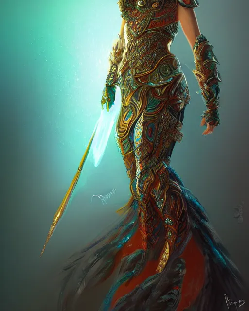 Prompt: a female warrior in peacock armor, light effect. feminine, powerful, in clothes! intricate, elegant, highly detailed, digital painting, artstation, concept art, smooth, sharp focus, illustration, art by angus wilson,