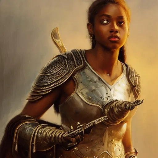 Image similar to artstation concept of a beautiful girl holding a sword in both hands, brown skin, face, silver garment, shiny colorful, hyperdetailed, artstation trending, world renowned artists, worth1000.com, historic artworks society, antique renewel, cgsociety, by greg rutkowski, by Gustave Dore, Deviantart