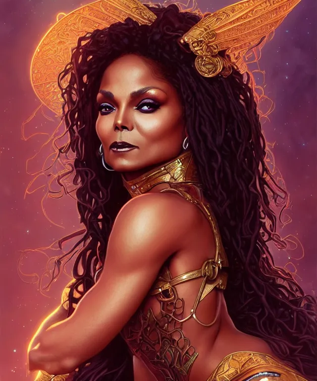 Image similar to Janet Jackson as a fantasy magic woman portrait, sci-fi, amber eyes, face, long hair, fantasy, intricate, elegant, highly detailed, digital painting, artstation, concept art, smooth, sharp focus, illustration, art by artgerm and greg rutkowski and alphonse mucha