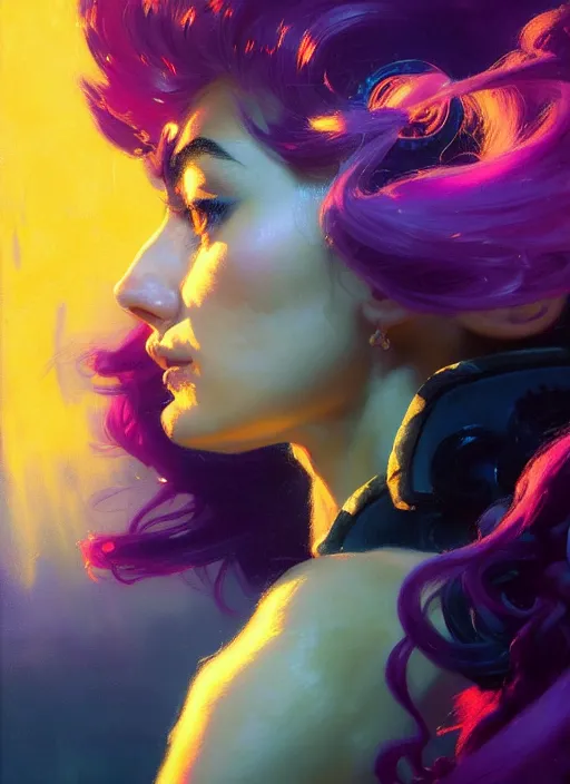 Image similar to side portrait, imogen poots, paladin, gloomhaven, colorful gaudy colors, luminescent, hard edges, bloom, organic painting, by greg manchess, huang guangjian, gil elvgren, greg rutkowski, jesper ejsing, magali villeneuve, artgerm, ilya kuvshinov