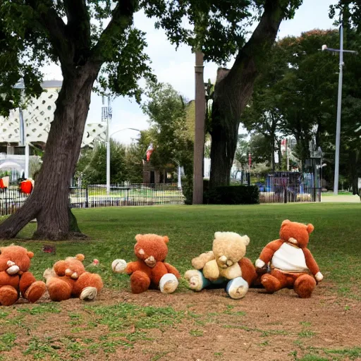 Prompt: a park full of teddy bears doing all sorts of things.