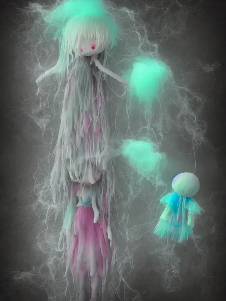 Image similar to cute fumo plush smiling ectoplasmic jellyfish ghost girl waving in deep fog over mysterious waters, patchwork doll chibi gothic maiden in tattered melting rags, glowing pink wisps of hazy green smoke and eerie blue volumetric fog swirling about, moonlight, glowing lens flare, black and white, vray