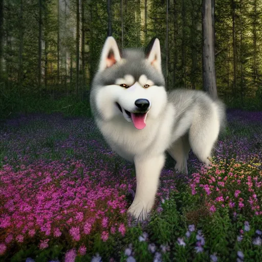 Image similar to alaskan malamute made of flowers playing in a bioluminescent forest at dusk, octane render, colorful, beautiful