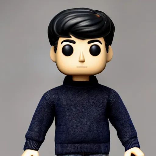 Image similar to a 21 year old skinny white programmer guy with no beard and black hair on top, short on sides, in a navy blue sweater, jeans and grey shoes funko pop close up highly detailed photo