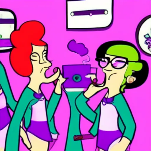 Image similar to photograph of grownup Powerpuff Girls smoking weed in a purple room