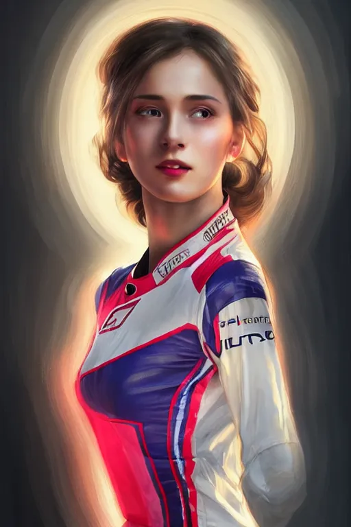 Prompt: portrait beautiful female f1 racer, wearing f1 racer uniform, at racer track, formula one car, ssci-fi, fantasy, intricate, very very beautiful, elegant, human anatomy, neon light, highly detailed, digital painting, artstation, concept art, soft light, smooth, sharp focus, illustration, art by tian zi and WLOP and alphonse mucha