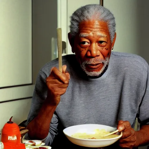 Prompt: Morgan Freeman eating a bowl of ramen