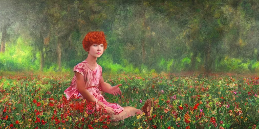 Prompt: a cute young girl with short curly red hair sitting in a field of flowers, god rays are passing through the trees in the background, surrealist minimalistic painting, low saturation, calm feeling