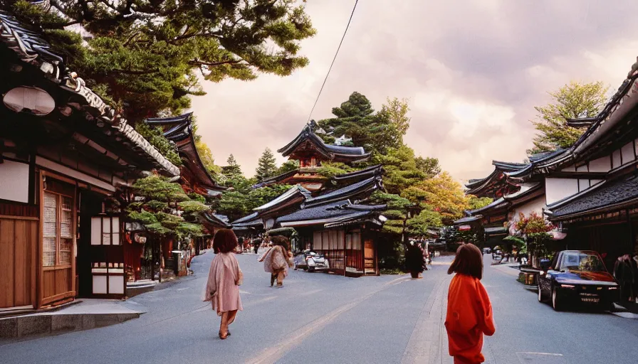 Image similar to 1 9 9 0 s candid 3 5 mm photo of a beautiful day in the a dreamy street in takayama japan designed by gucci, cinematic lighting, cinematic look, golden hour, the clouds are epic and colorful with cinematic rays of light, a girl walks down the center of the street in a gucci kimono, photographed by petra collins, uhd