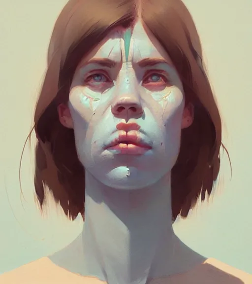 Image similar to portrait of a woman raised on the island face tatooes by atey ghailan, by greg rutkowski, dynamic lighting, gradient light blue, brown, blonde cream and white color scheme, grunge aesthetic