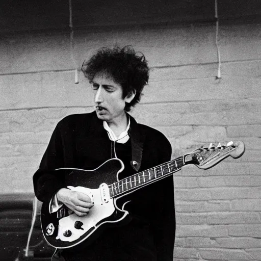 Image similar to bob dylan playing his guitar in the fulham football club stadium, photograph