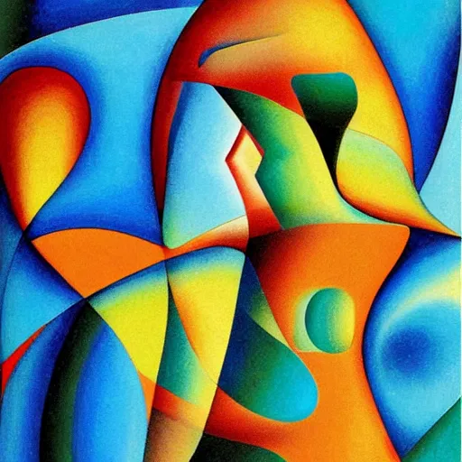 Prompt: woman travels the ancient roads the rivers of this land, abstract art in the style of cubism and georgia o keefe,