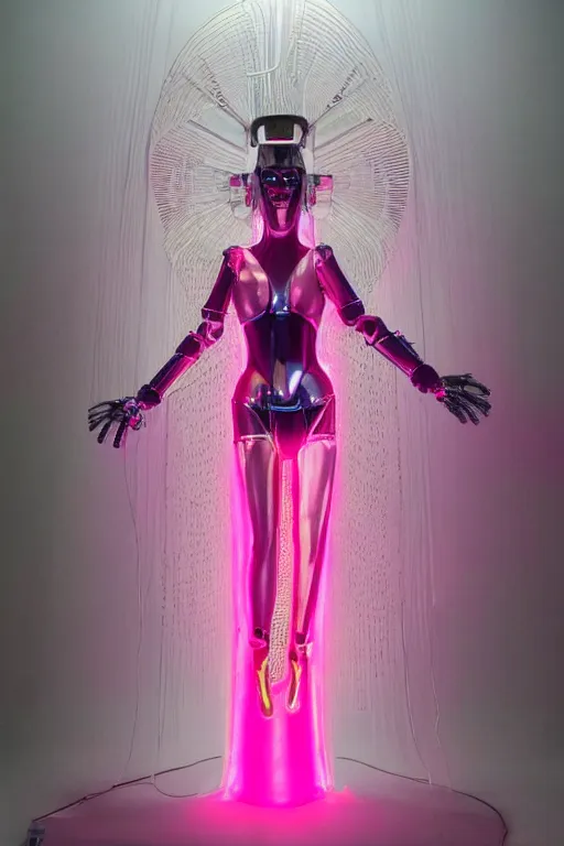 Image similar to full-body baroque and bladerunner style pink neon and chrome statue of a beautiful pale priestess robot goddess humanoid wearing a see-through silk kimono, suspended from the ceiling with wire cables, glowing peach face, street hoody of red steampunk lasers, emeralds, swirling silver silk fabric. futuristic elements. oozing glowing liquid, full-length view. space robots. human skulls. throne made of bones, intricate artwork by caravaggio. Trending on artstation, octane render, cinematic lighting from the right, hyper realism, octane render, 8k, depth of field, 3D