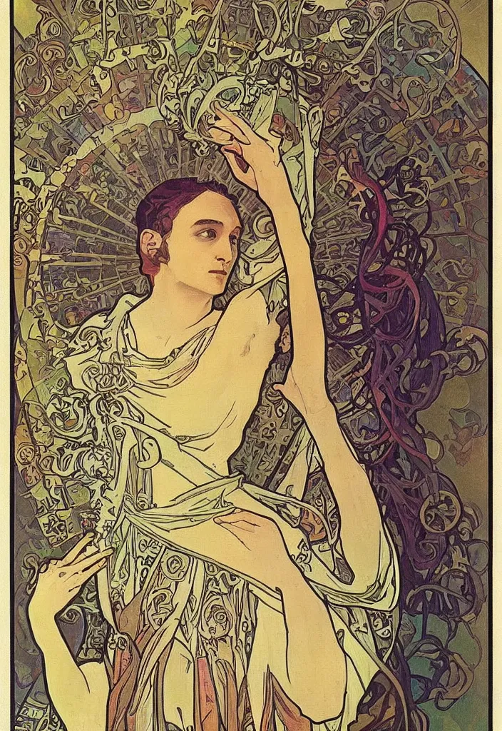 Image similar to Geoffrey Hinton portrayed on a tarot card, tarot in art style by Alphonse Mucha