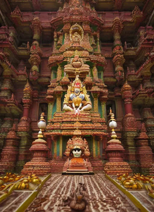 Image similar to wide - angle shot of hindu temple, depth of field, zeiss lens, detailed, symmetrical, centered, fashion photoshoot, by nicoletta ceccoli, mark ryden, lostfish, earl nore, hyung tae, frank frazetta, breathtaking, 8 k resolution, extremely detailed, beautiful, establishing shot, artistic, hyperrealistic, octane render