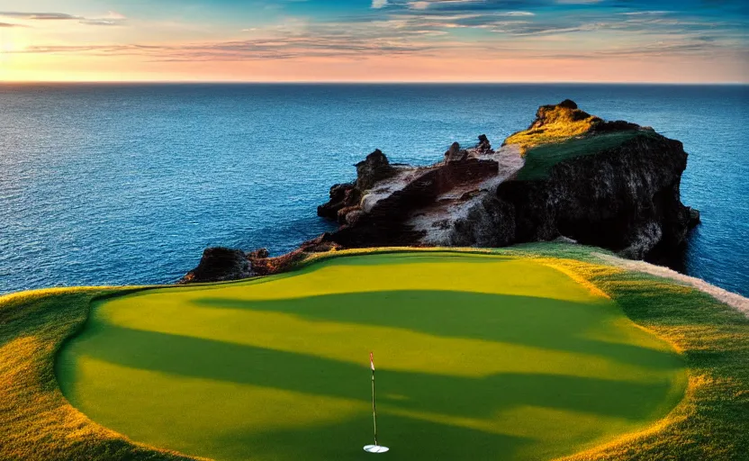 Image similar to a great photograph of the most amazing golf hole in the world, cliffs by the sea, perfect green fairway, human perspective, ambient light, 5 0 mm, golf digest, top 1 0 0, golden hour