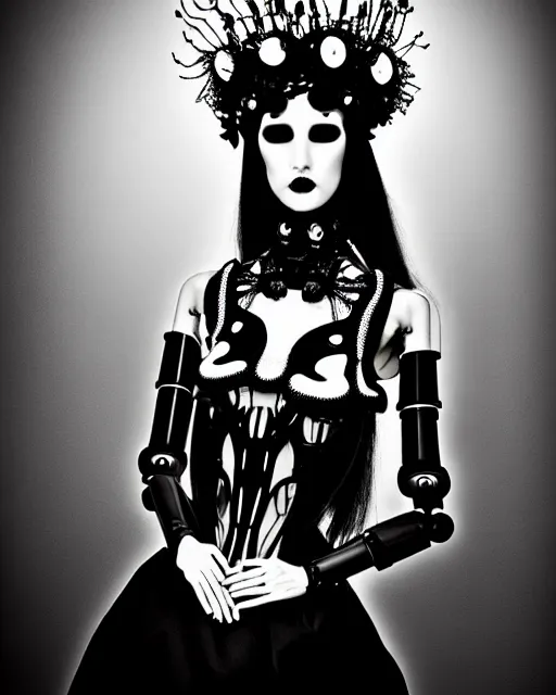 Image similar to dreamy surreal poetic black and white photo of a beautiful young bio-mechanical-female-jellyfish-cyborg-plastic-robot with a very long neck and a super big gothic lace collar and a very high big floral crown with many black dry roses by Vivienne Westwood:: smoke, high fashion, haute couture, rococo, avant-garde, elegant, dreamy, hyper realistic, 150 mm lens, soft rim light, octane render, unreal engine, picture was taken in 1910 by Dora Maar, volumetric lighting, dramatic light,8k,