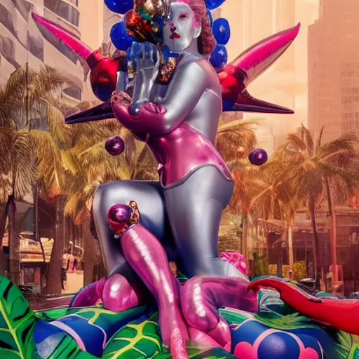 Image similar to an extreme close - up of a statue chrome cyborg lycra nymph battling a giant inflatable flamingo pool float, christmas cactus arnold schwarzenegger and monstera plants, fireworks thick smoke epic clouds, by jeff koons, hajime soryama, boris vallejo, artgerm, greg rutkowski, alphonse mucha