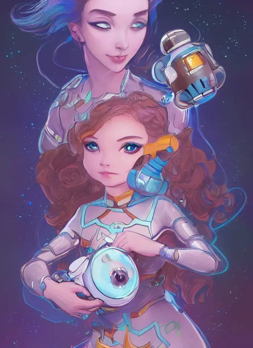 Image similar to beautiful space cottagecore princess rosalina holding a chibi robot wearing a scifi jetsuit, intricate bioluminescent highly detailed, digital painting, artstation, concept art, smooth, sharp, focus, illustration, art by artgerm and ilya kushvikov and alphonse mucha