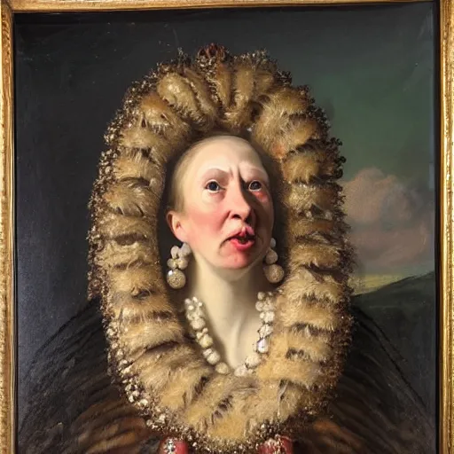 Prompt: dutch golden age oil painting by christian rex van minnen portrait of an extremely bizarre disturbing mutated woman wearing fancy fur and jewels with intense chiaroscuro lighting perfect composition