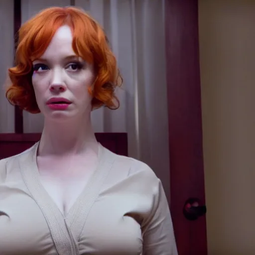 Image similar to amazing beautiful Christina Hendricks with mouth wide open in the living room, film still from the movie directed by Denis Villeneuve , wide lens