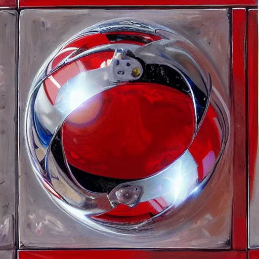 Prompt: chrome spheres on a red cube by robert williams