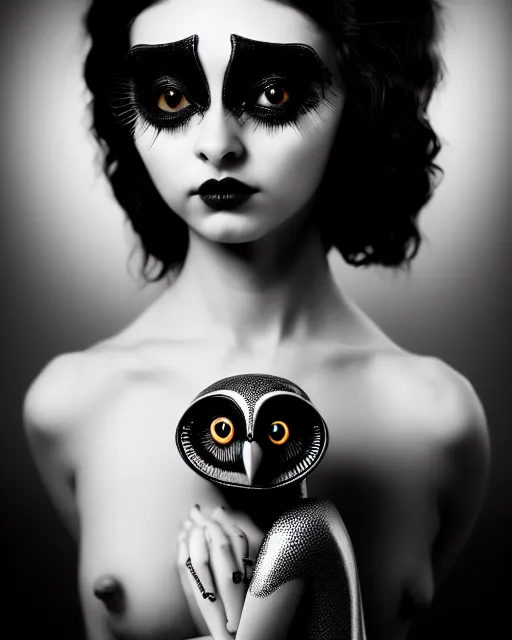 Image similar to surreal mythical dreamy dark artistic black and white fine art 3 / 4 fashion portrait photo of a young beautiful delicate female robot - owl with orchid - doll face, rim light, cinematic, studio dramatic light, poetic, masterpiece, octane render, 8 k, photo - realistic by gustave dore hg giger and man ray