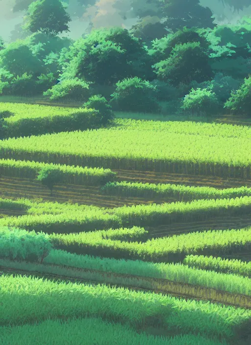 Image similar to beautiful farm with crops in neat rows by makoto shinkai