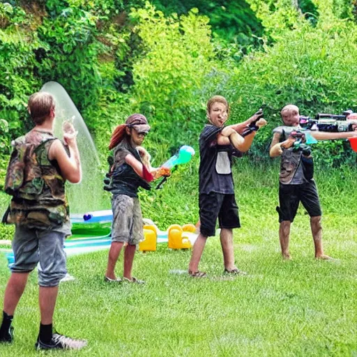 Image similar to Modern warfare with just water guns and water balloons.