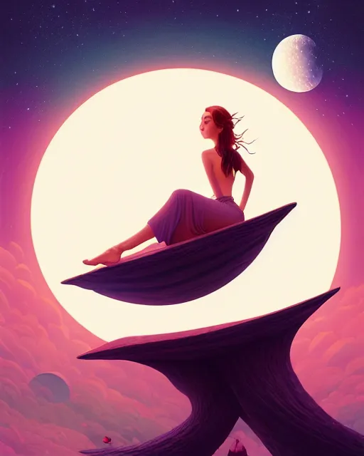 Prompt: beautiful painting of elven sitting on her flying bed and looking at the moon, art by mike winkelmann and by petros afshar, sky night, illustration, highly detailed, simple, smooth and clean vector curves, no jagged lines, vector art, smooth, artstation