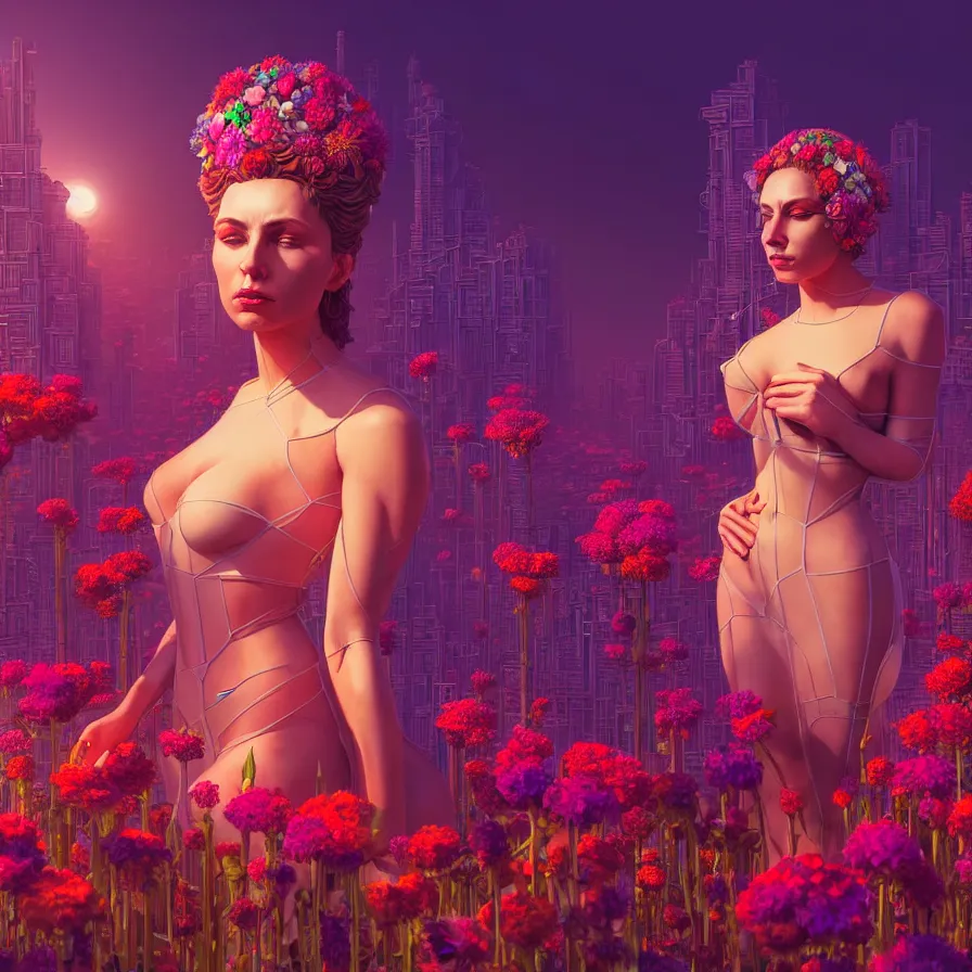 Image similar to Beautiful 3d render portrait of the queen of flowers in a sensual pose, in the style of Dan Mumford, with tall and crowded futuristic cyberpunk voxel buildings in the background, cinematic, dramatic lighting, symmetry