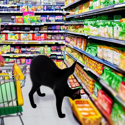 Image similar to a cat shopping for groceries at a supermarket, photorealistic, high detail