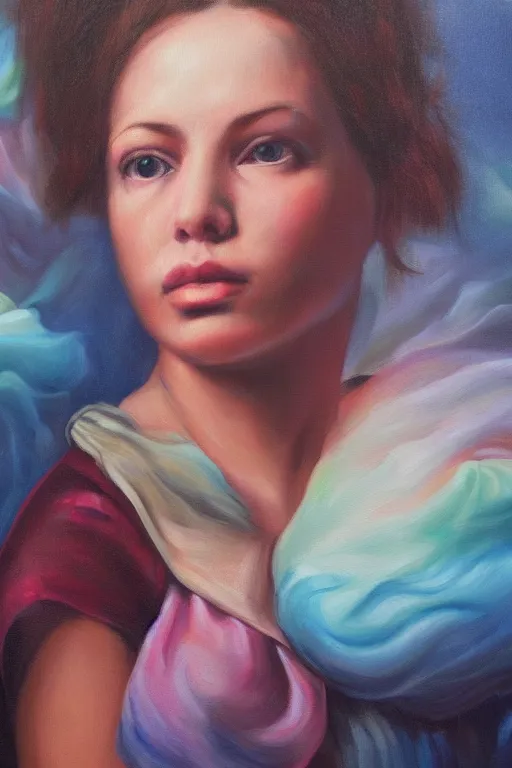 Image similar to hyperrealism oil painting, close - up portrait of fabric worker woman model, gradient mixed with nebula sky, in style of baroque