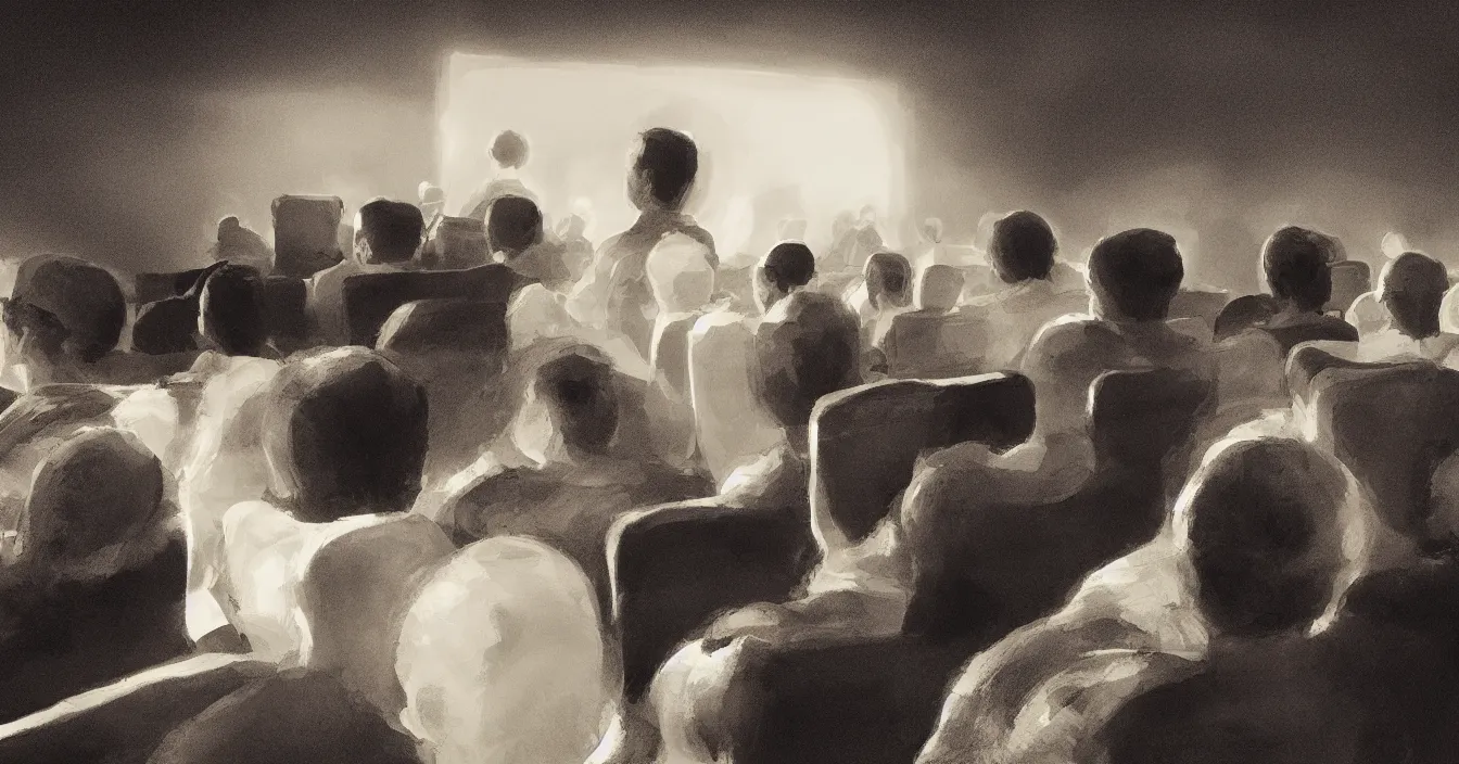 Prompt: rear view of the seated souls in the cinema watching volumetric light of consciousness projecting illusions of their lives on the big screen, trapped egos in physical reality, deep sense of spirituality, visual plasticity, shading in vray, style of atey ghailan