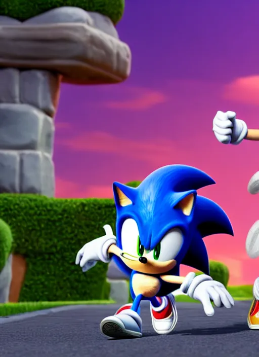 Image similar to sonic the hedgehog and timmy turner from fairly odd parents hanging out, unreal engine render