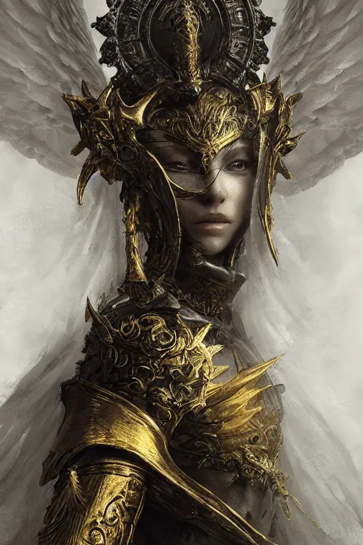 Prompt: portrait of an Angel, Dark Souls 3 themed, in style of Ruan Jia, insanely detailed and intricate, golden ratio, elegant, ornate, luxury, elite, matte painting, cinematic, cgsociety, James jean, Brian froud, ross tran, Laputa