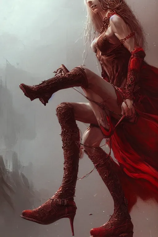 Image similar to red women's boots, shoes only, by wlop, by luis royo, by peter mohrbacher, concept art, digital illustration, intricate, masterpiece, elegant, super detailed, unreal engine rendering, smooth, sharp focus, artstation hq